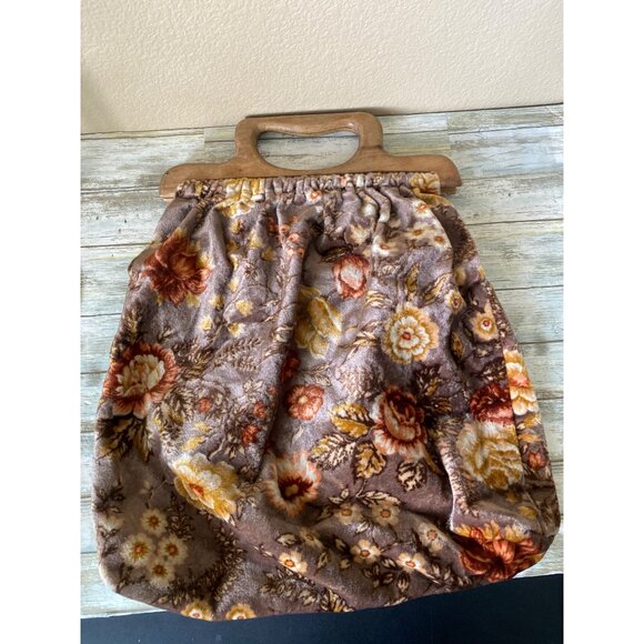 Vintage 70s Boho Floral Carpet Bag Retro Velour Purse 17" w/Wood Handles - Picture 8 of 15
